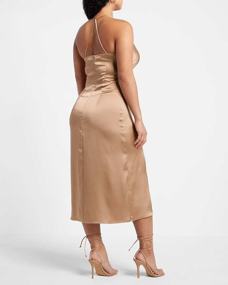 Satin Twist Front Slip Dress in Pecan