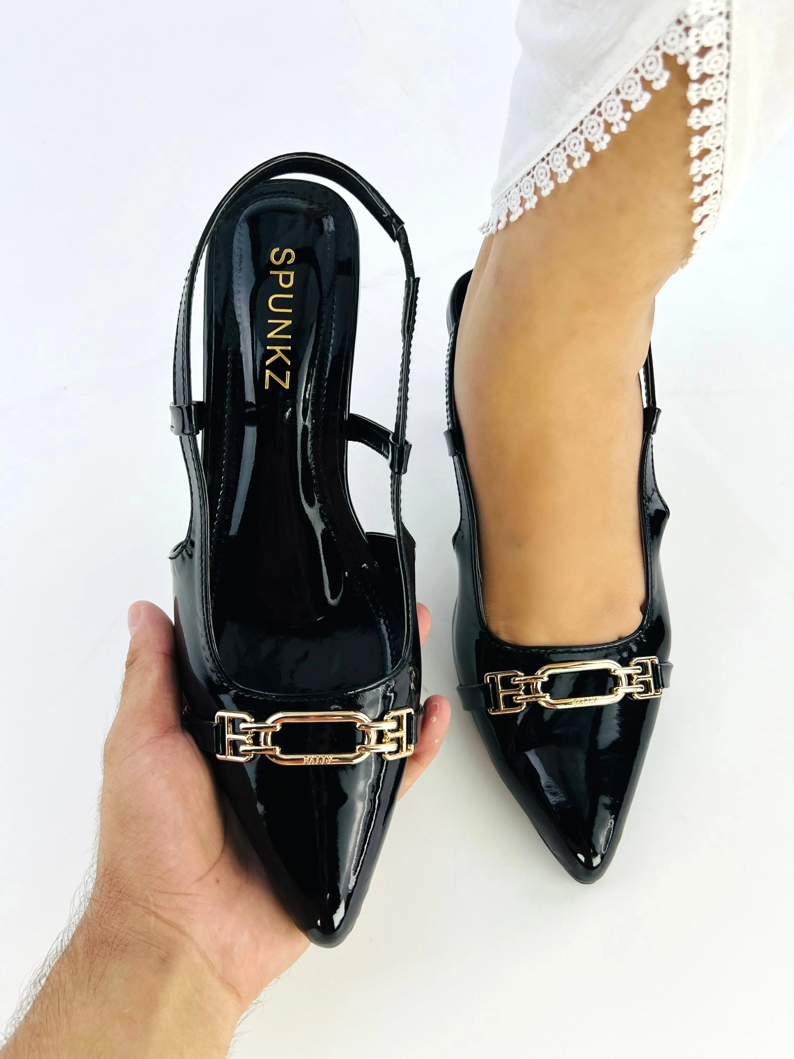 Spunkz Shiny Metallic Black Patent Leather Pointed Toe Slingback Heels