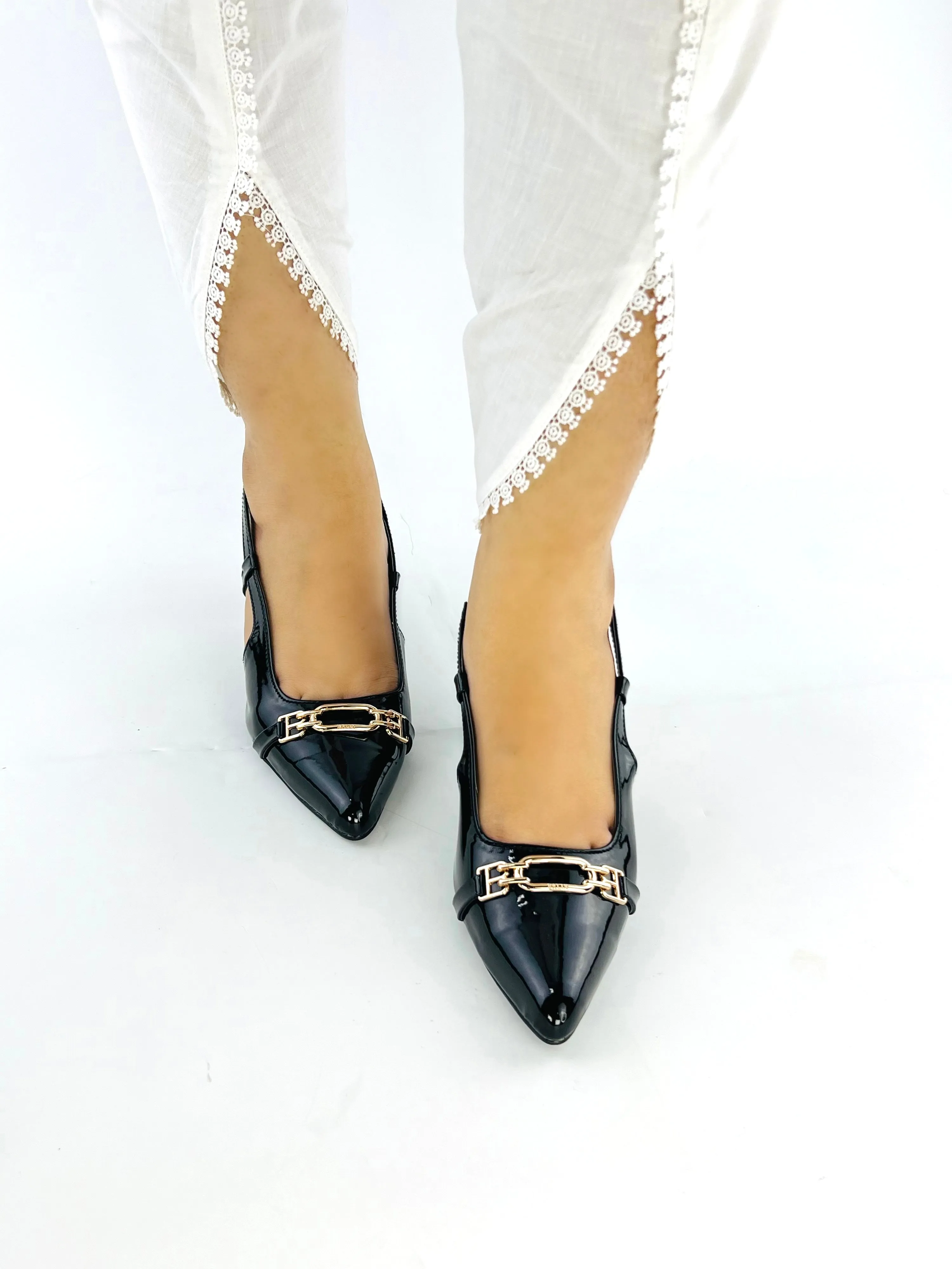 Spunkz Shiny Metallic Black Patent Leather Pointed Toe Slingback Heels