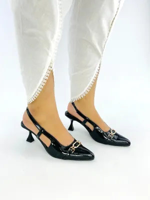 Spunkz Shiny Metallic Black Patent Leather Pointed Toe Slingback Heels