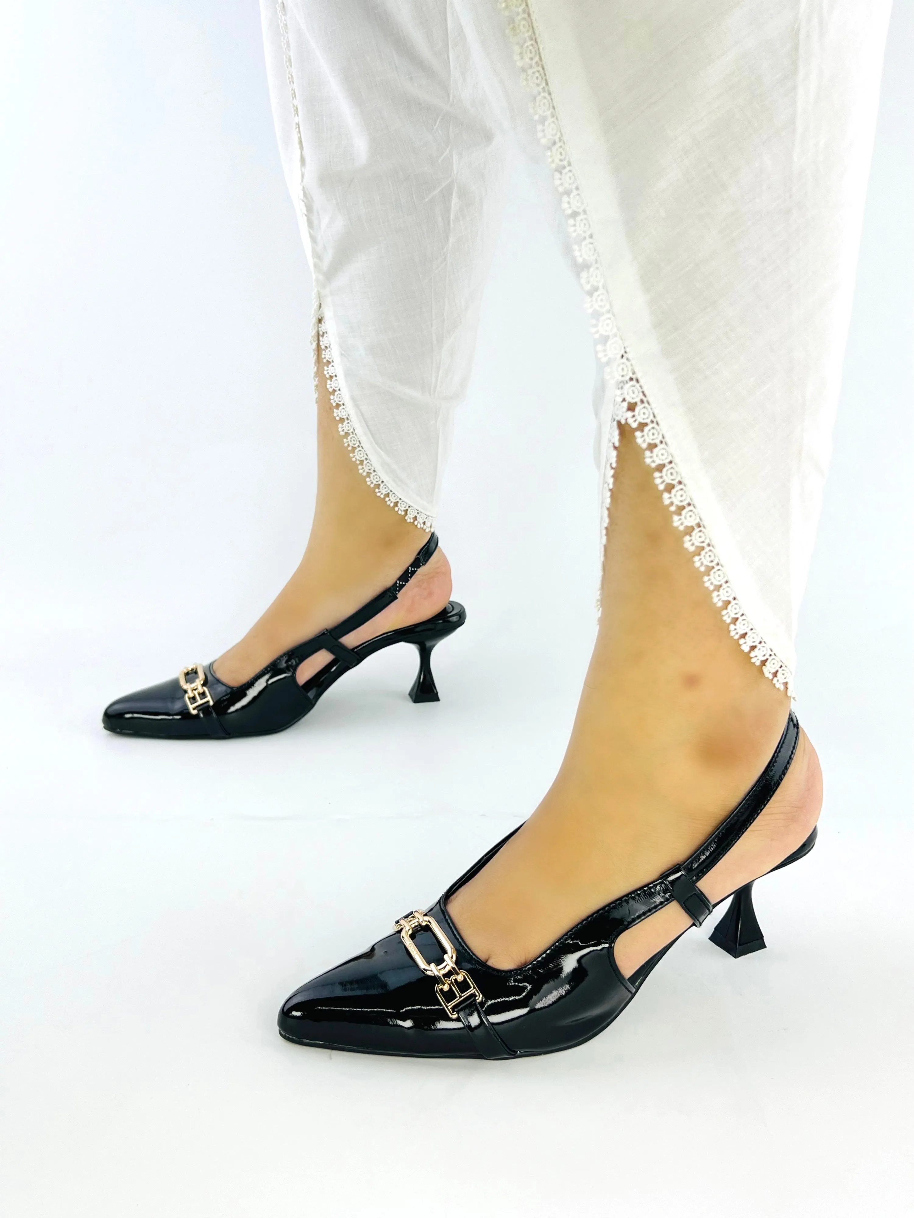 Spunkz Shiny Metallic Black Patent Leather Pointed Toe Slingback Heels