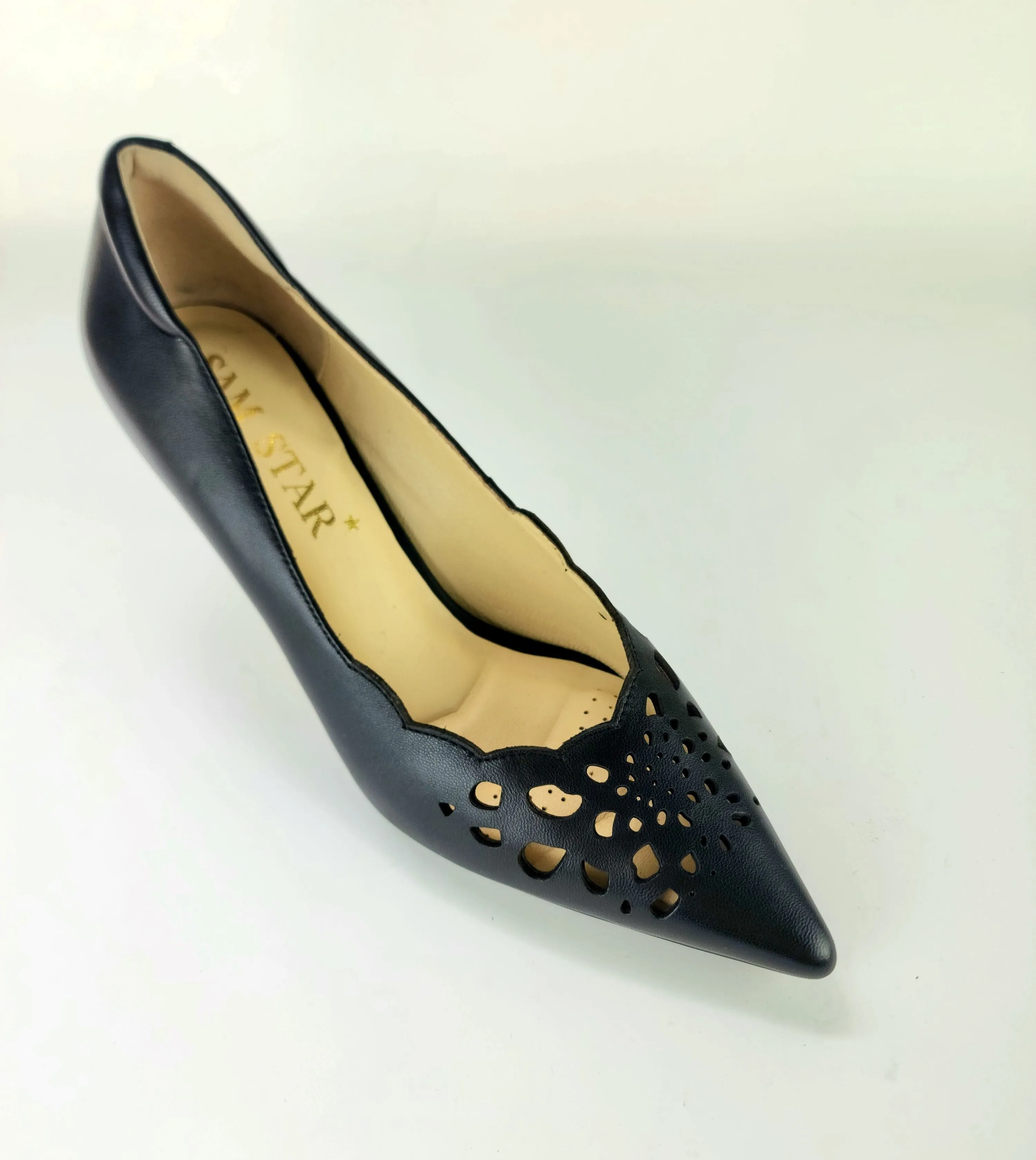 SS23008 Laser Cut Leather Court Shoes with extra cushion in Black