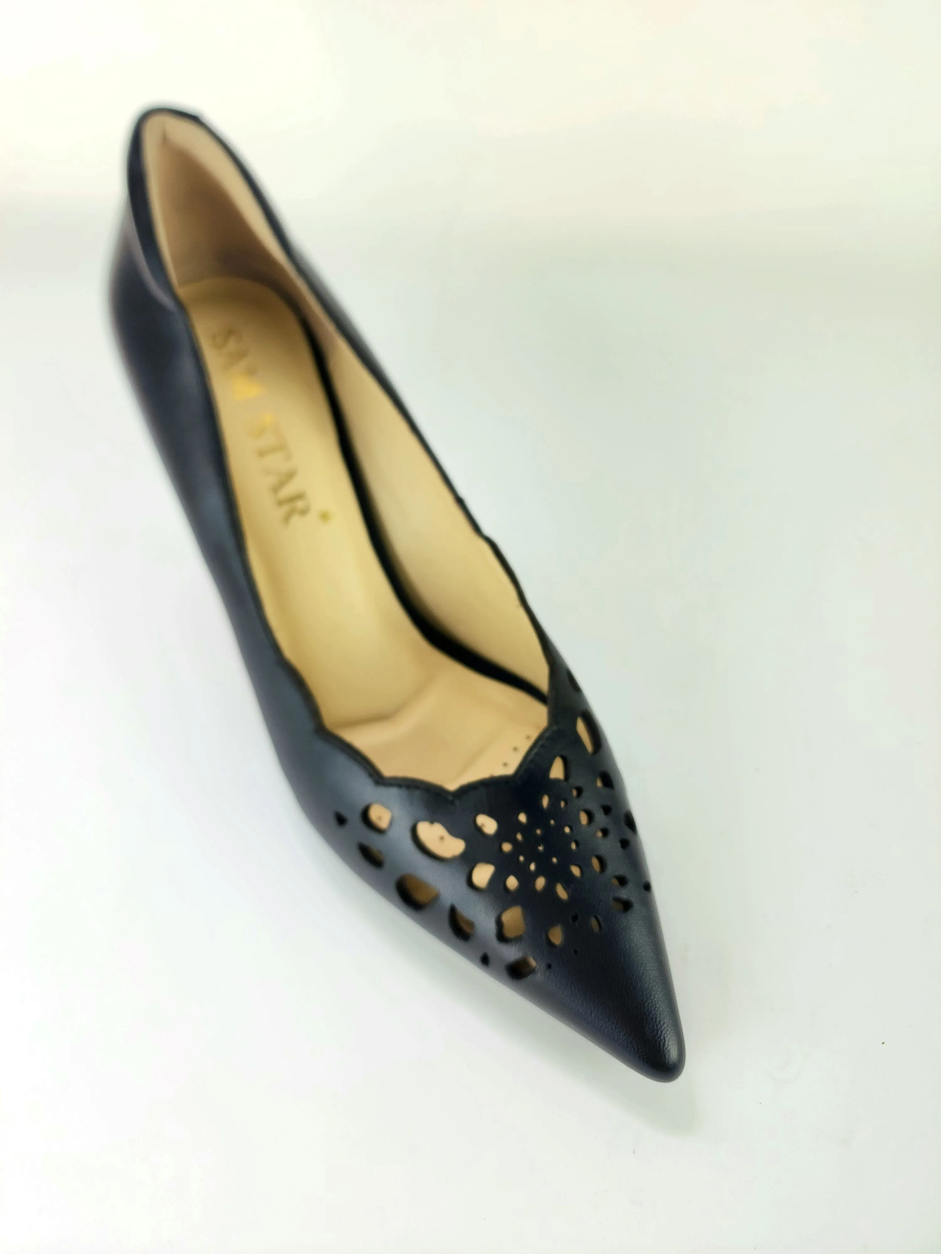 SS23008 Laser Cut Leather Court Shoes with extra cushion in Black