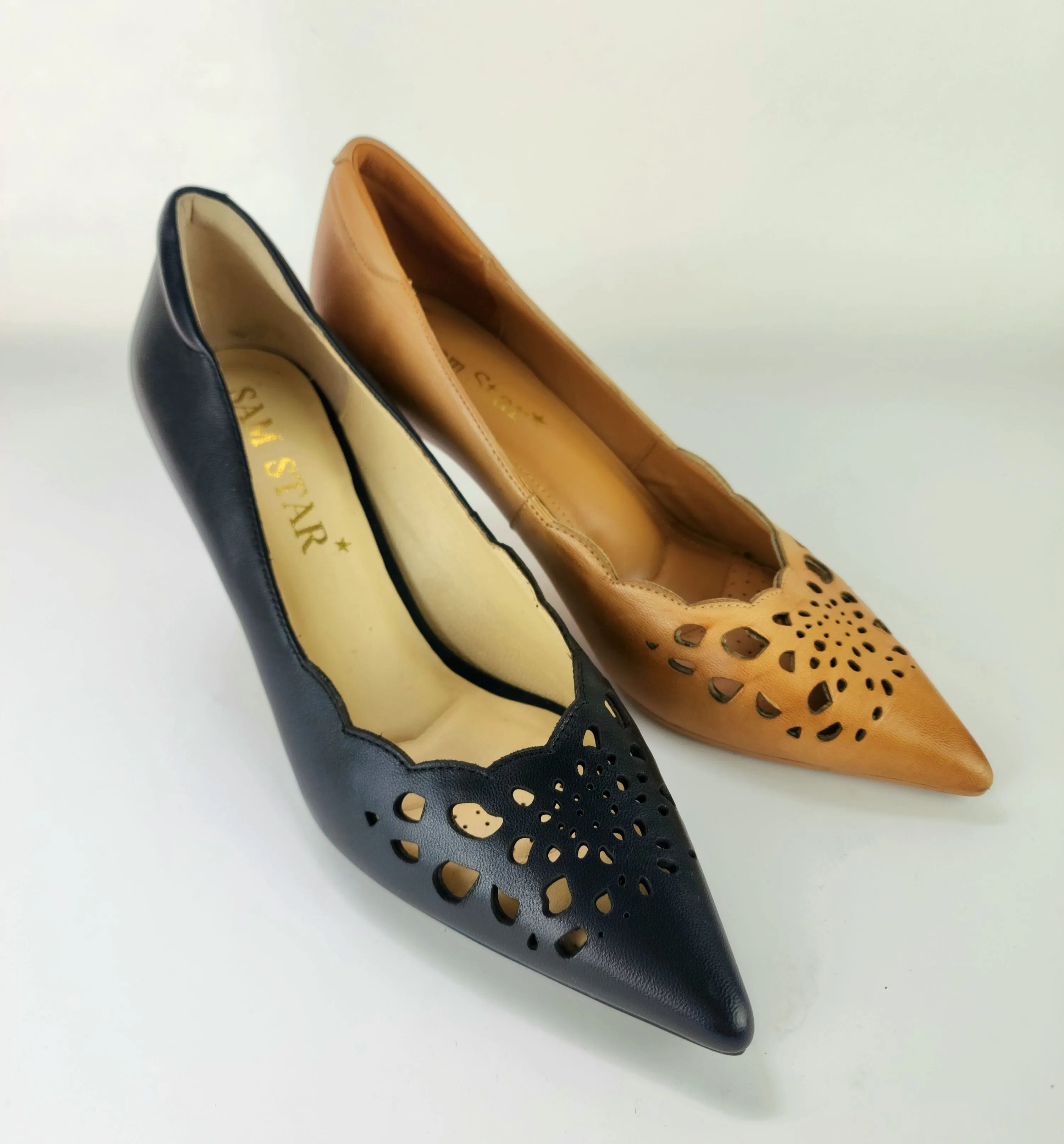 SS23008 Laser Cut Leather Court Shoes with extra cushion in Black