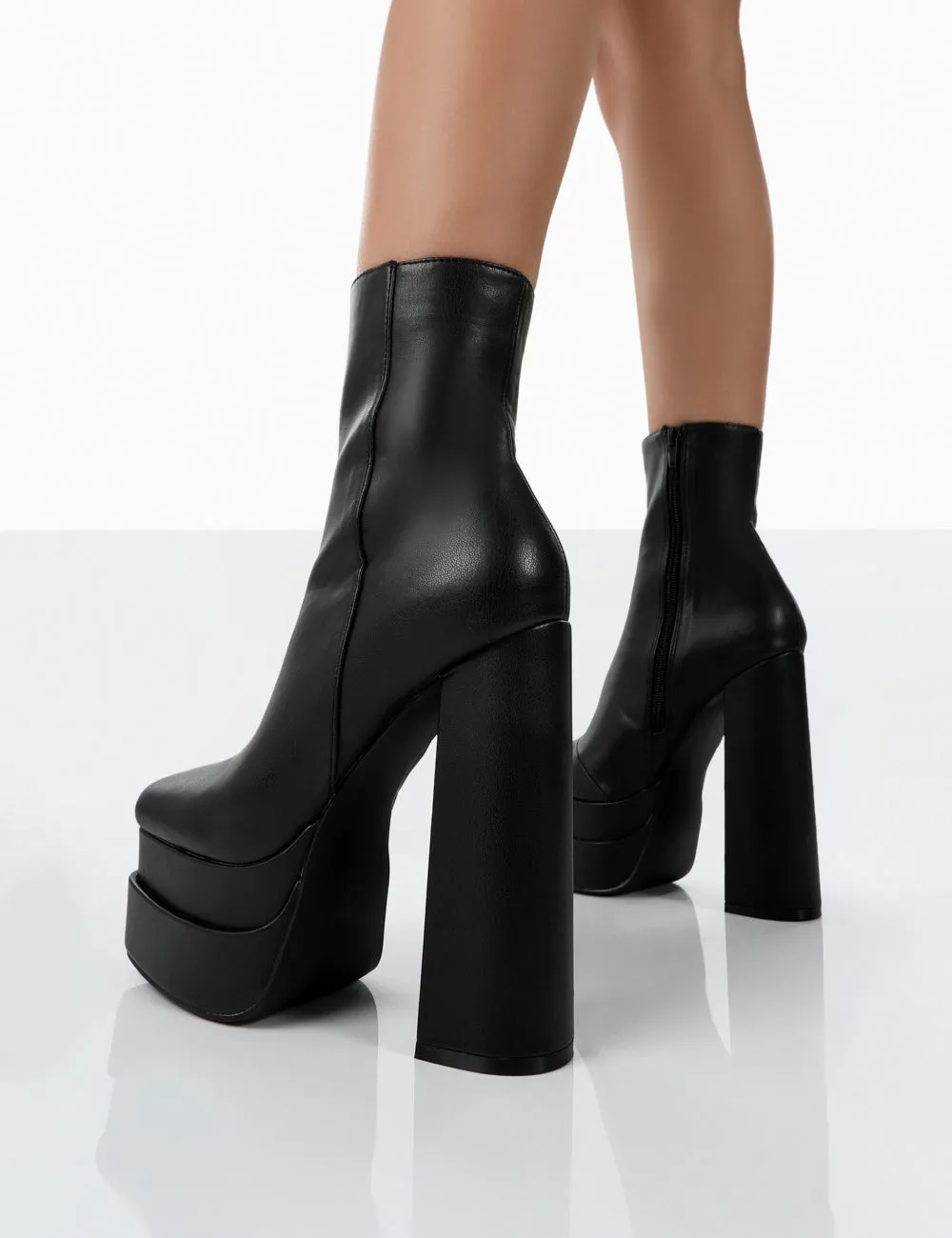 Supine Black Pu Chunky Platform High Heeled Block Ankle Boots