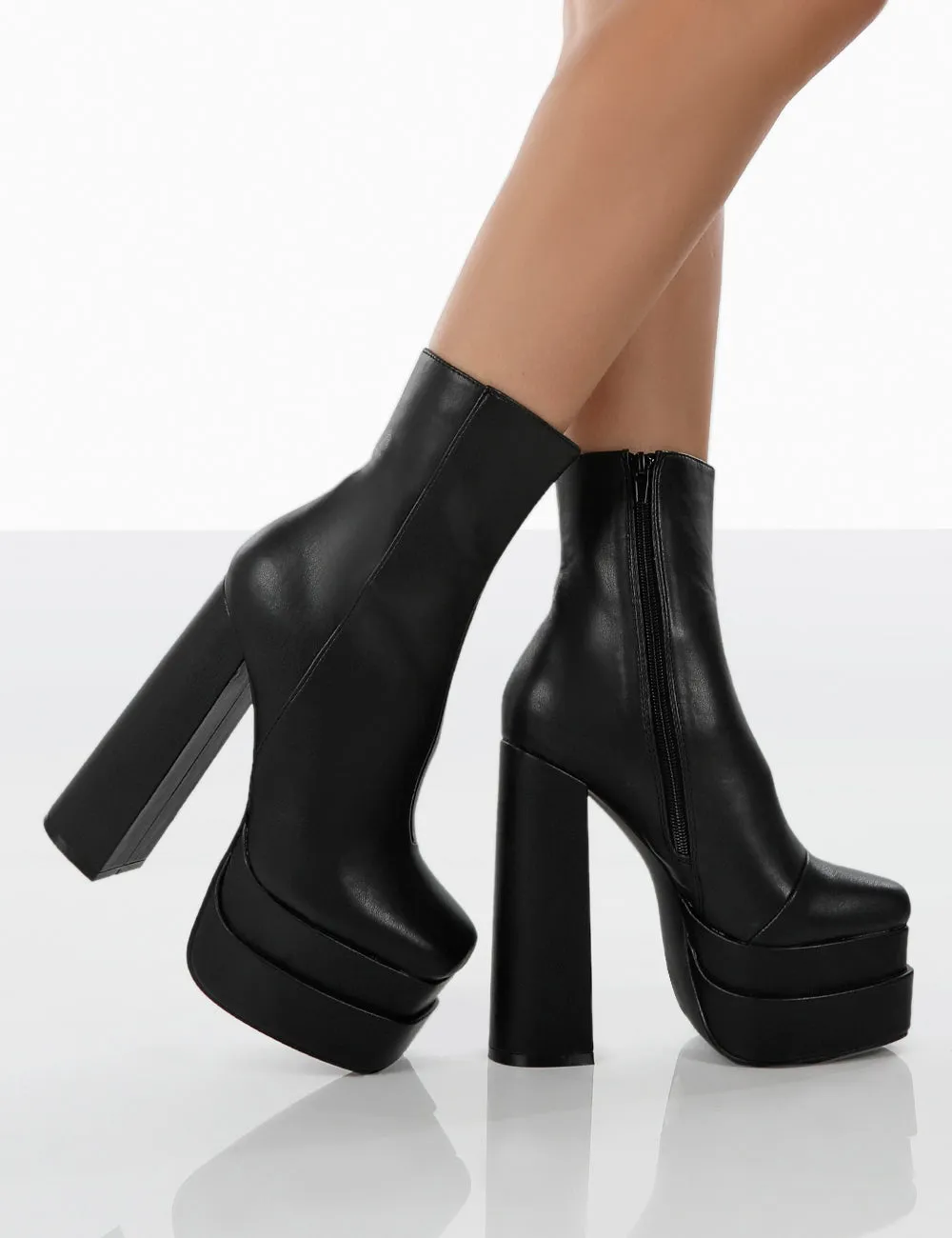 Supine Black Pu Chunky Platform High Heeled Block Ankle Boots