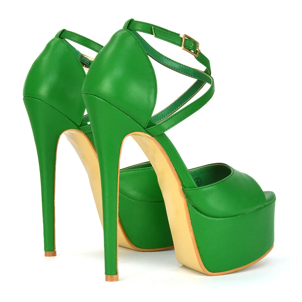 Suzanna Cross Over Strappy Platform Stiletto Peep Toe Super High Heels Sandals in Green Synthetic Leather