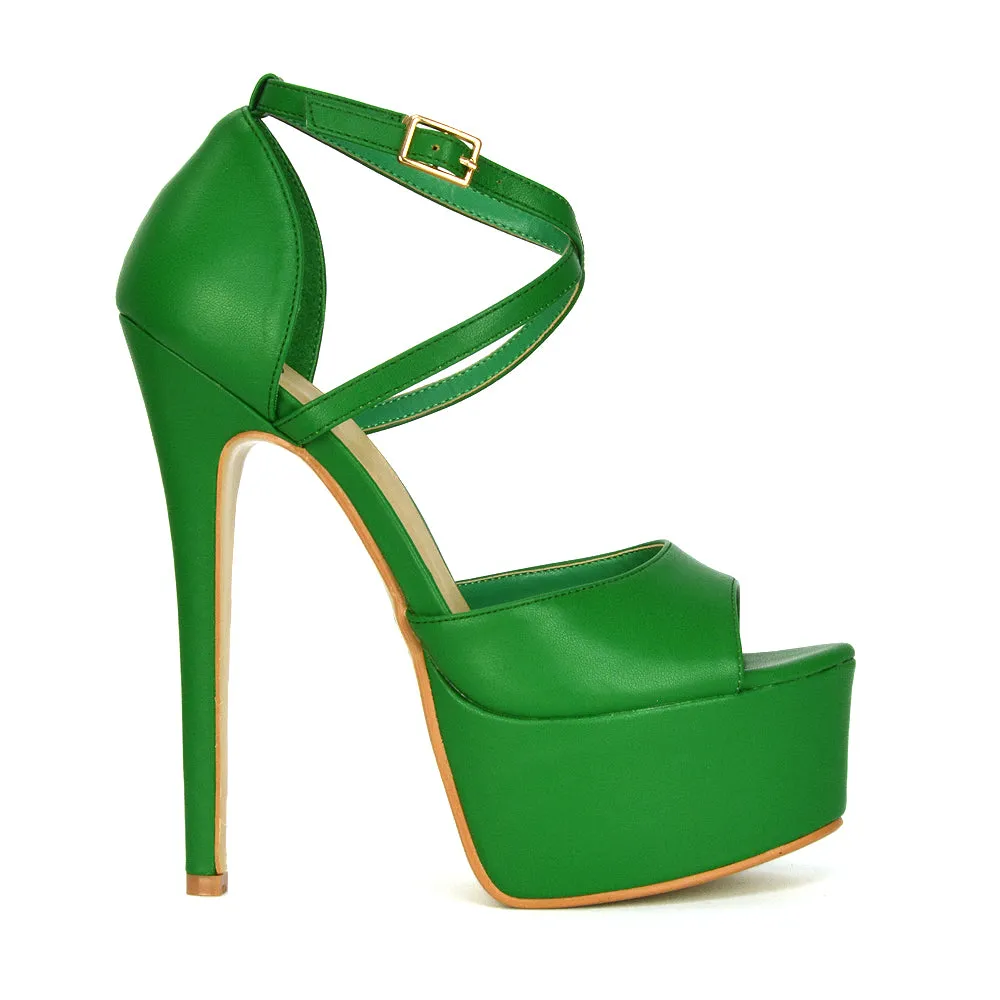 Suzanna Cross Over Strappy Platform Stiletto Peep Toe Super High Heels Sandals in Green Synthetic Leather