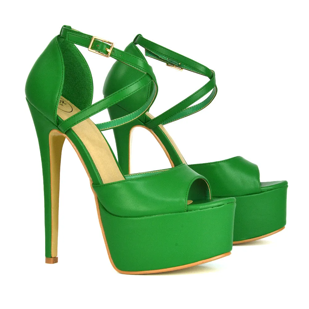 Suzanna Cross Over Strappy Platform Stiletto Peep Toe Super High Heels Sandals in Green Synthetic Leather