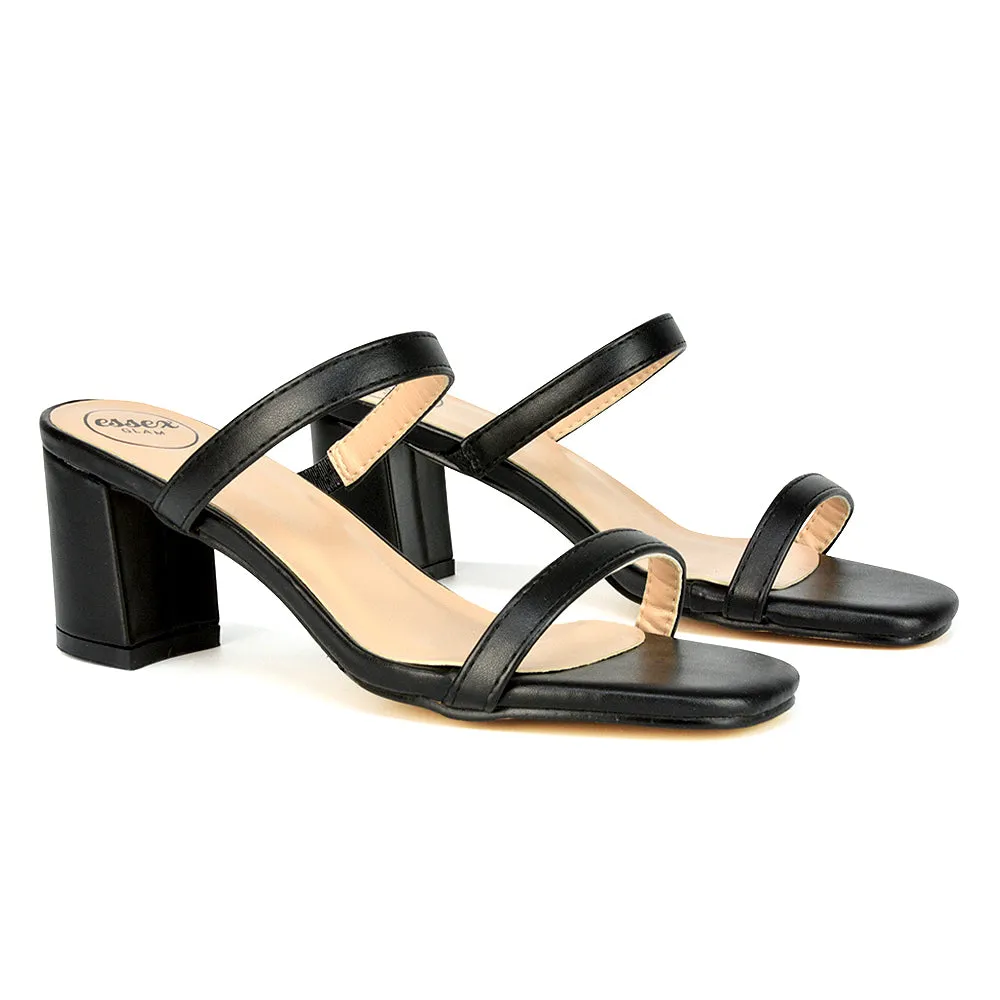 Tiff Double Strap Square Toe Slip On Low Mid Block High Heel Mule Sandals in Black Synthetic Leather