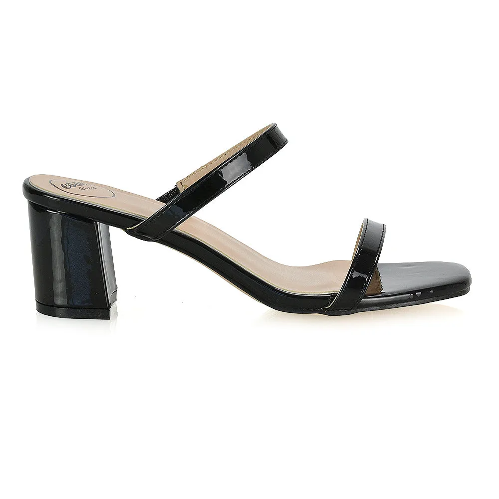 Tiff Double Strap Square Toe Slip On Low Mid Block High Heel Mule Sandals in Black Synthetic Leather