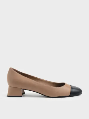 Two-Tone Round Toe Curved Block Heel Pumps