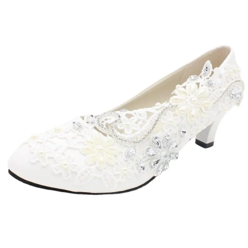 White Lace Rhinestone Wedding Shoes with Adjustable Heel Height