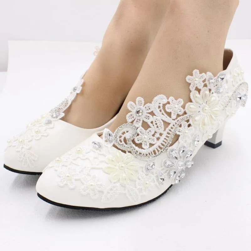 White Lace Rhinestone Wedding Shoes with Adjustable Heel Height