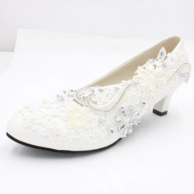 White Lace Rhinestone Wedding Shoes with Adjustable Heel Height