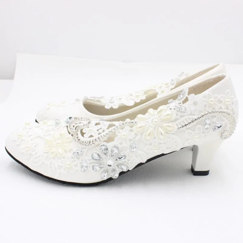 White Lace Rhinestone Wedding Shoes with Adjustable Heel Height