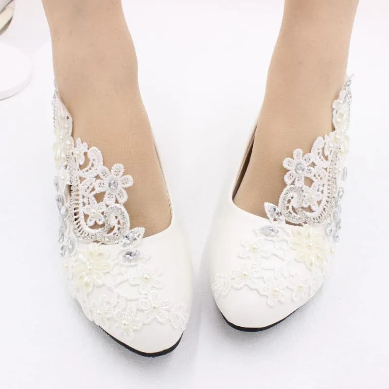 White Lace Rhinestone Wedding Shoes with Adjustable Heel Height