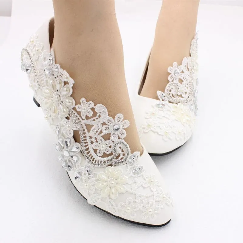 White Lace Rhinestone Wedding Shoes with Adjustable Heel Height