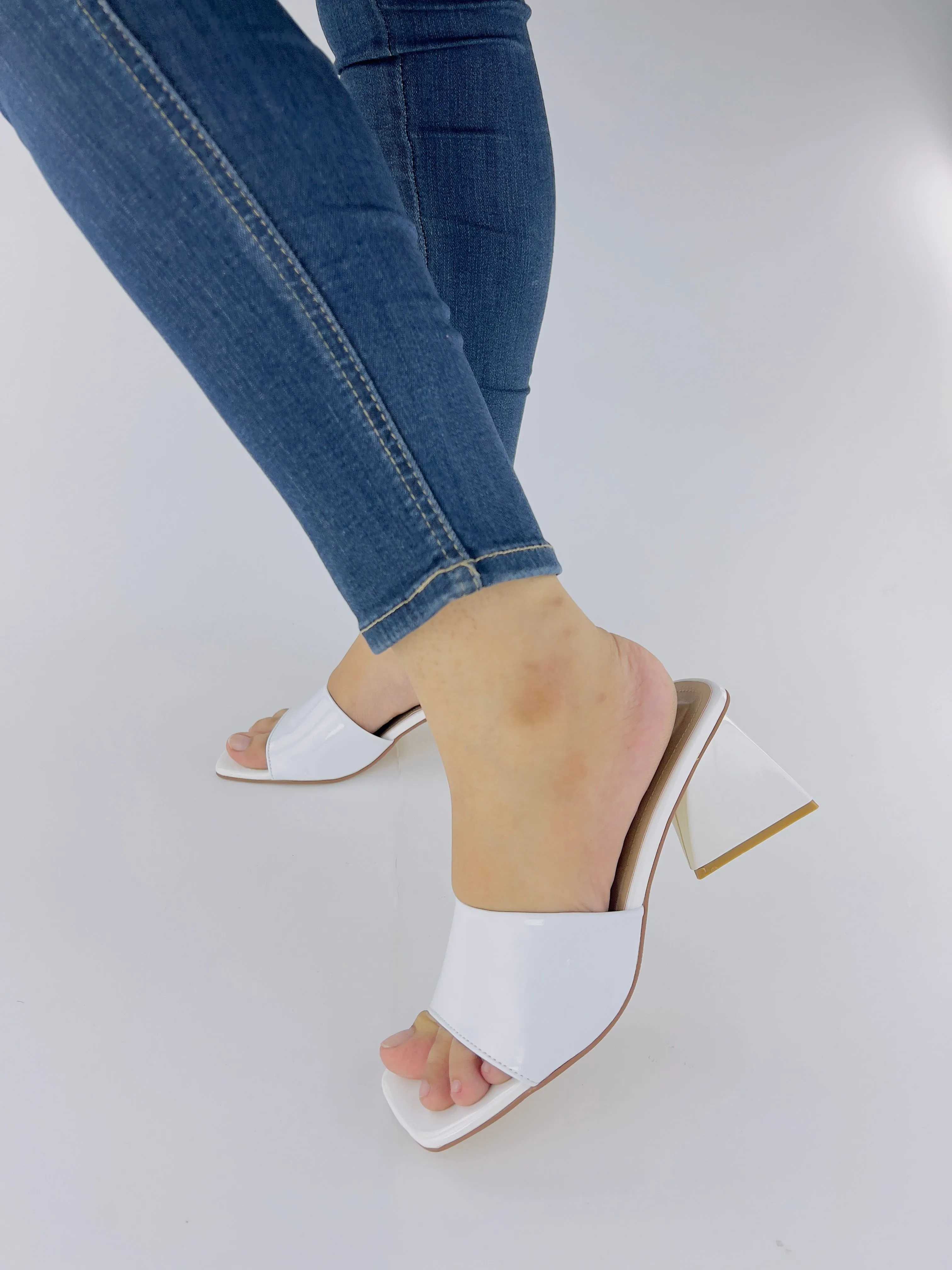 White Matte Leatherette Square Toe Slip-On Heels