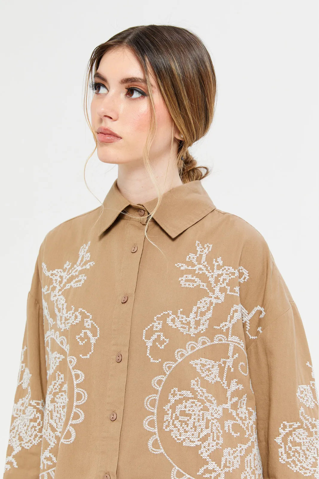 Women Beige Embroidered Blouse