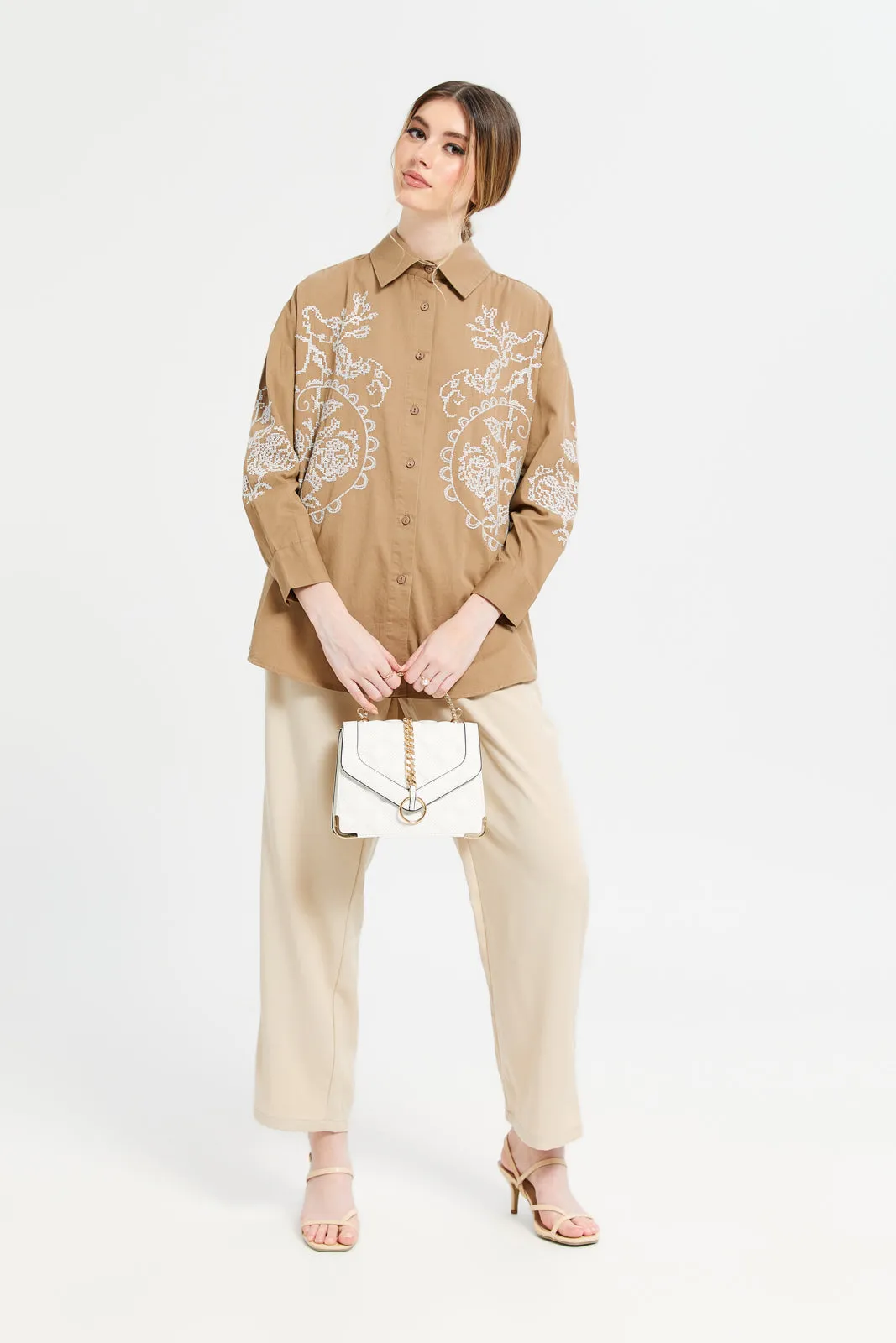 Women Beige Embroidered Blouse