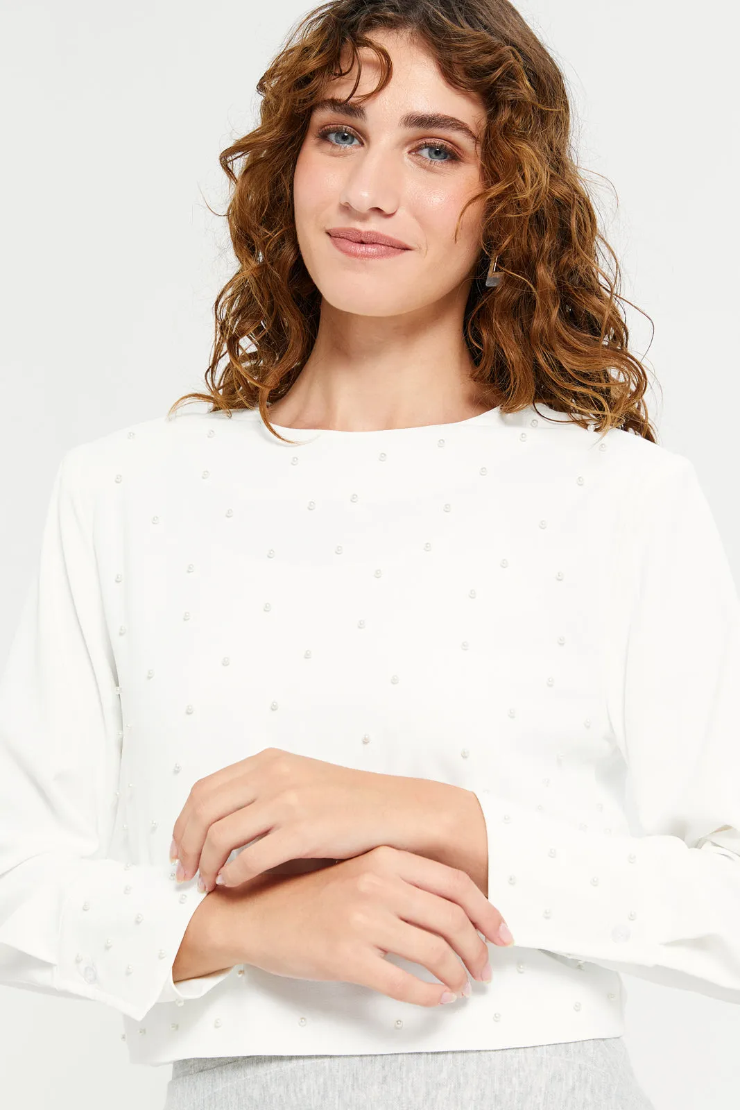 Women Ivory Embellished Pearl Blouse