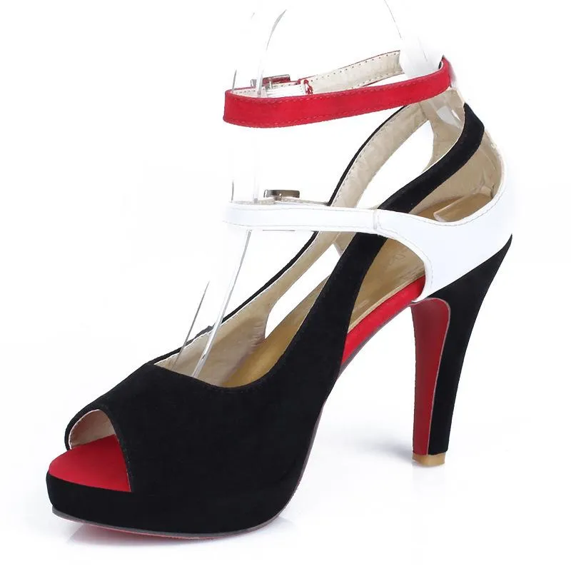 Women peep toe buckle two ankle strap chunky heels