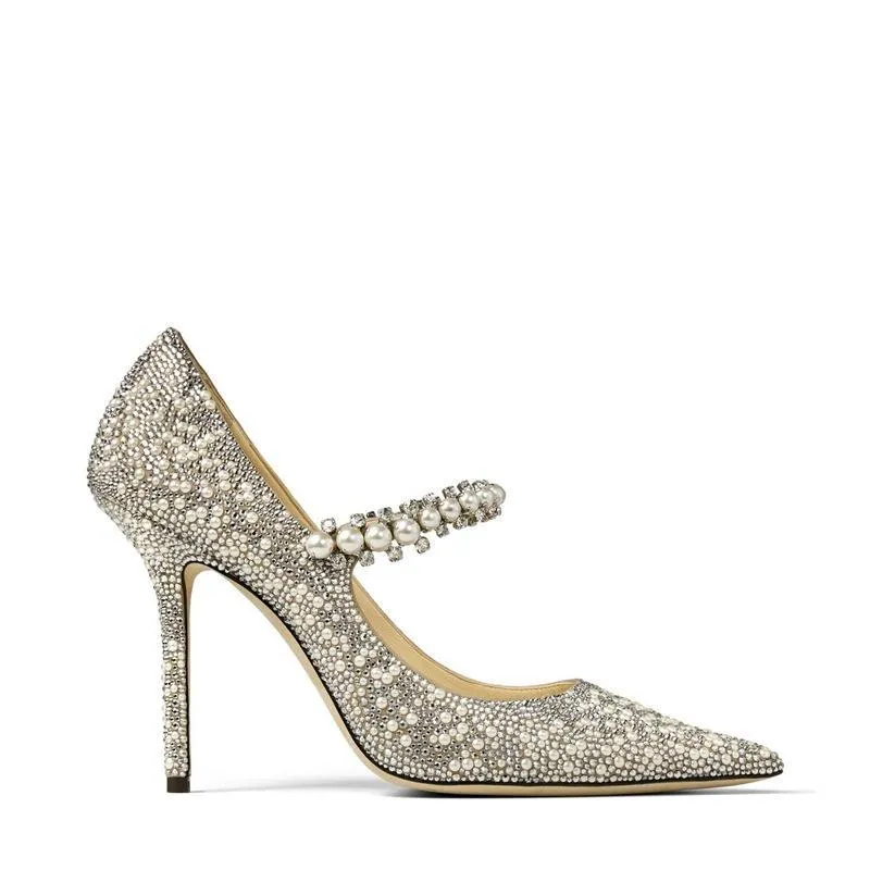 Women pointed toe slip on stiletto mary jane rhinestone heels