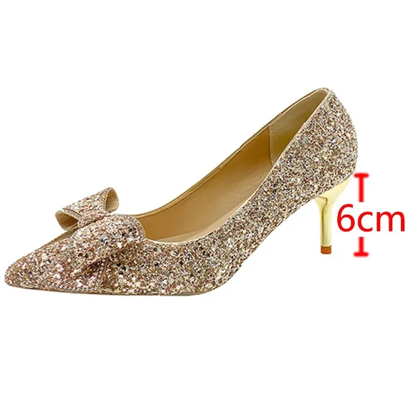 Women Pumps Slip-On Sweet Bowknot High Heels Shining Thin Heels Wedding Party Shoes - WSHP50104