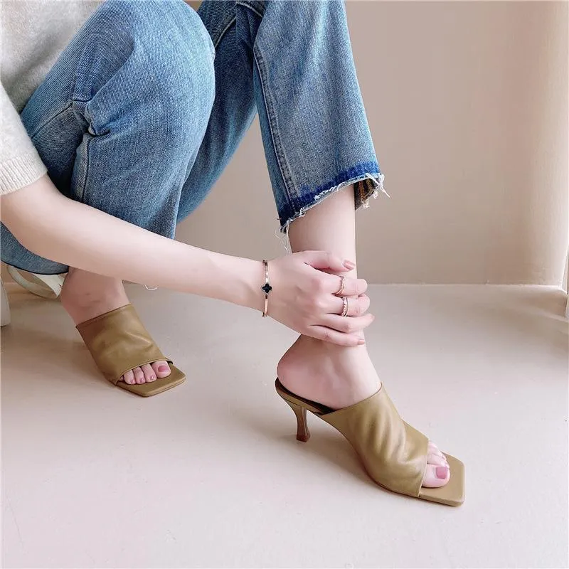 Women square peep toe summer fashion heeled mules