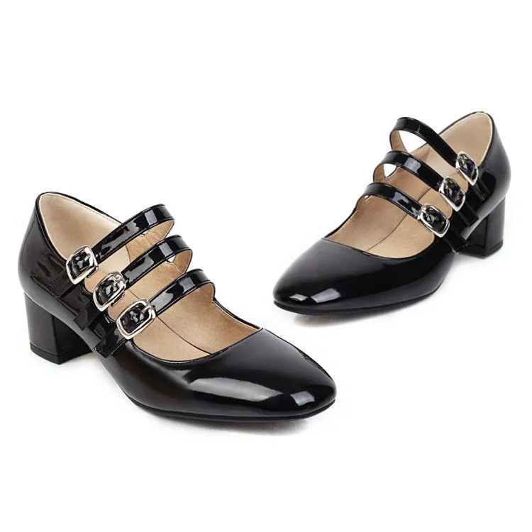 Women's Buckle Mary Jane Block Heels Pumps