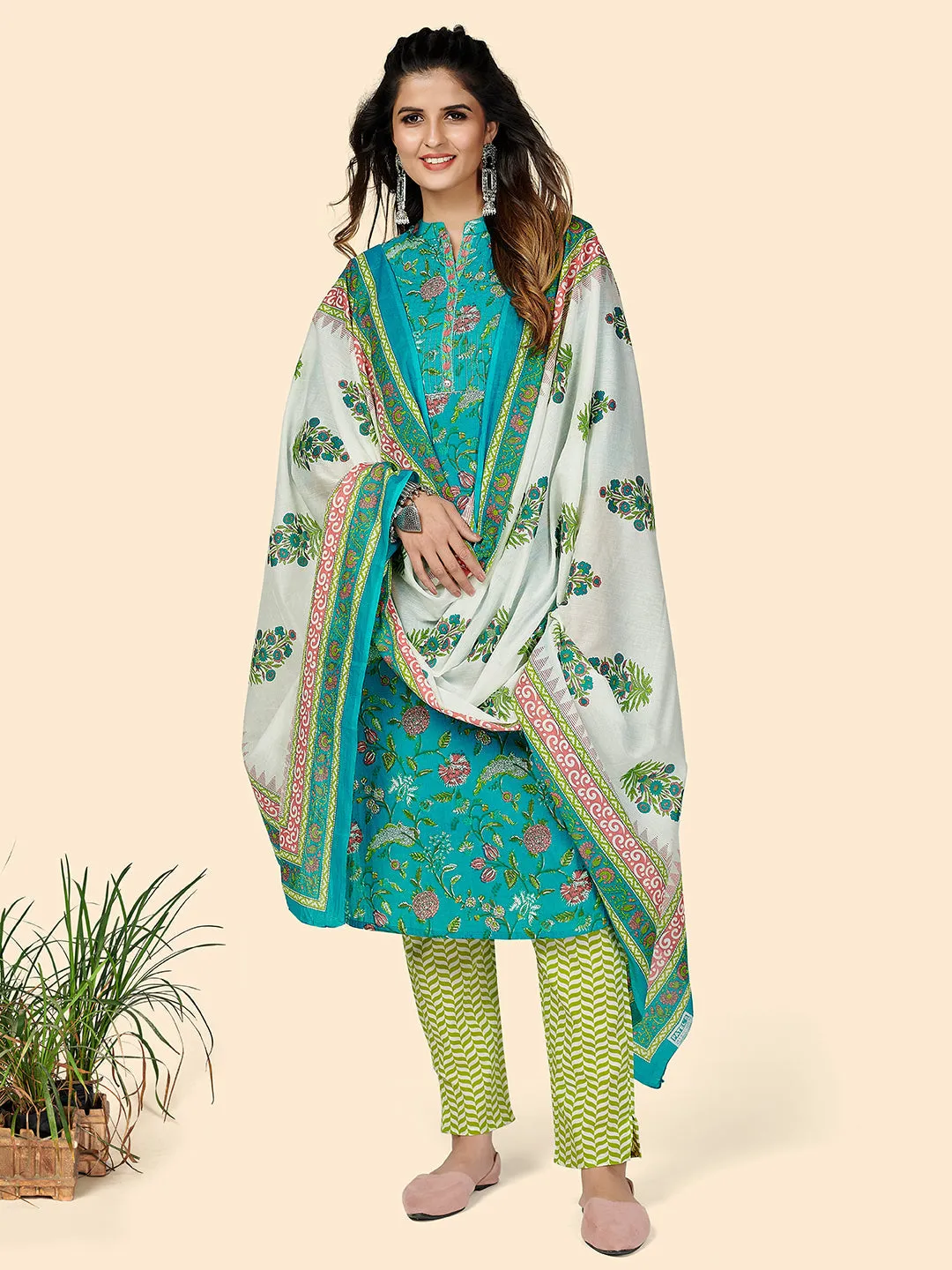 Women'S Printed & Gota Patti Work Straight Cotton Turquoise Stitched Kurta Pant With Dupatta