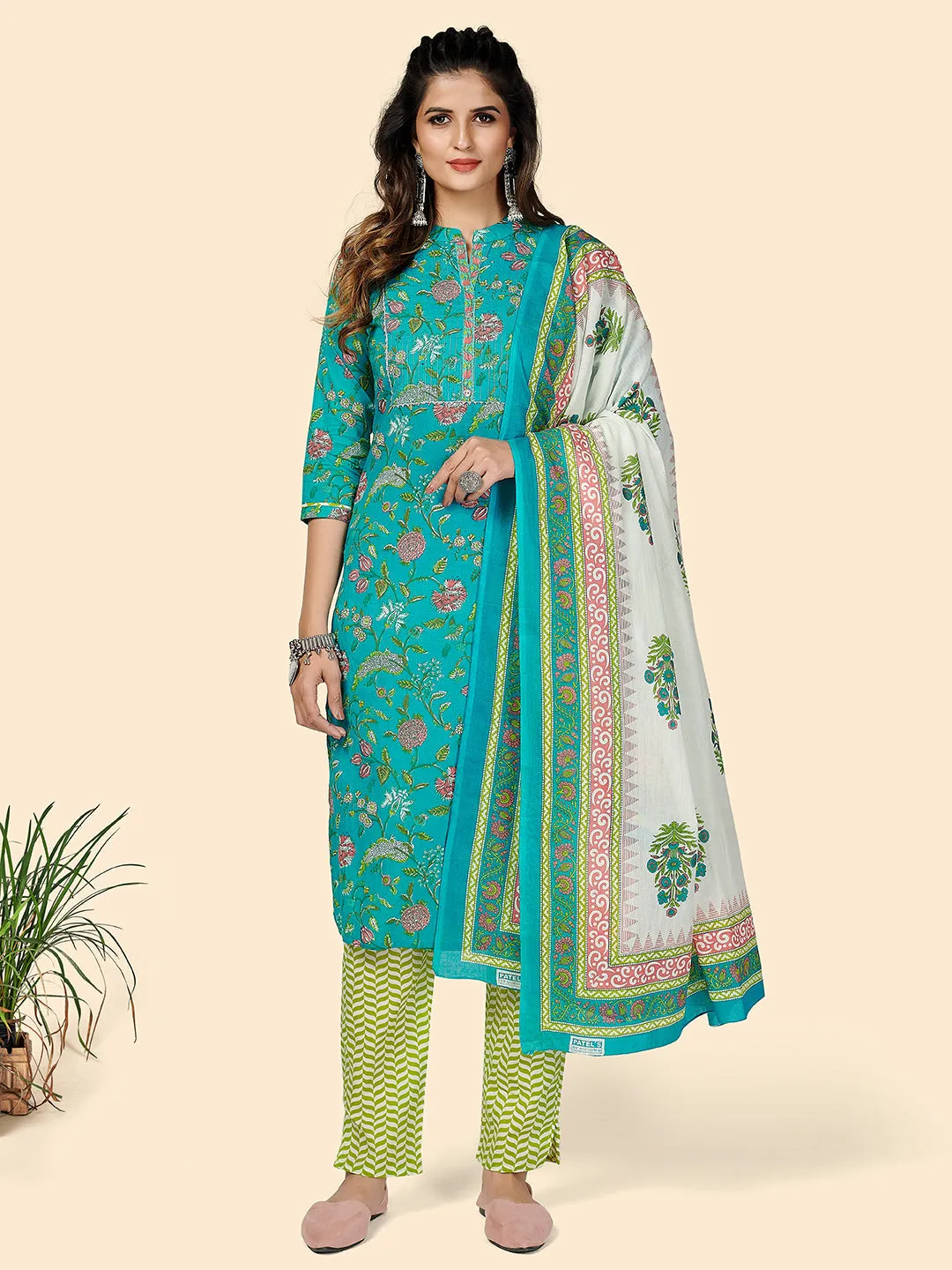 Women'S Printed & Gota Patti Work Straight Cotton Turquoise Stitched Kurta Pant With Dupatta