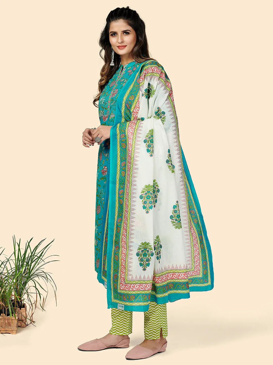 Women'S Printed & Gota Patti Work Straight Cotton Turquoise Stitched Kurta Pant With Dupatta