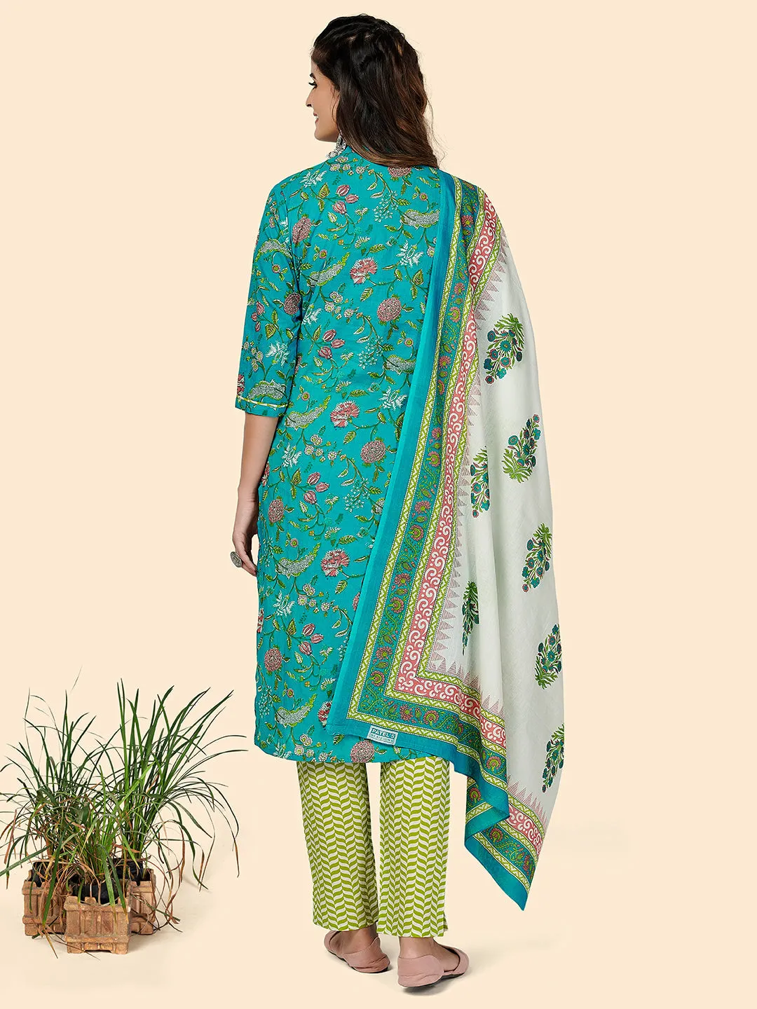 Women'S Printed & Gota Patti Work Straight Cotton Turquoise Stitched Kurta Pant With Dupatta