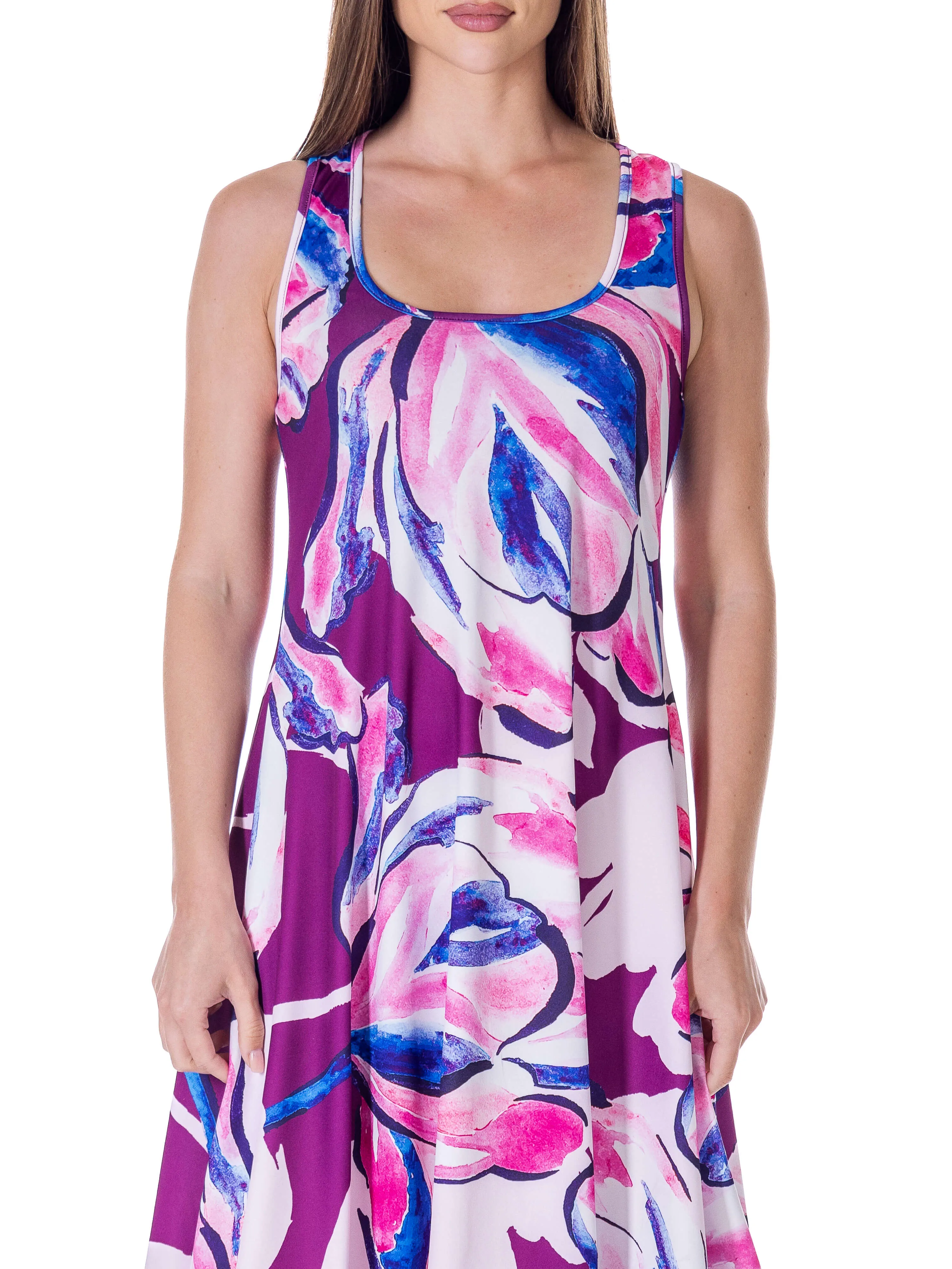 Womens Purple Floral Sleeveless Knee Length Tank Swing Dress