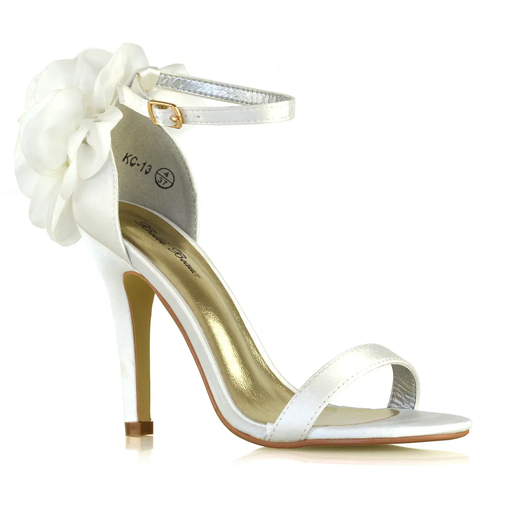 Zola Flower Detail Open Toe Buckle Strappy Bridal High Stiletto Heels in Champagne