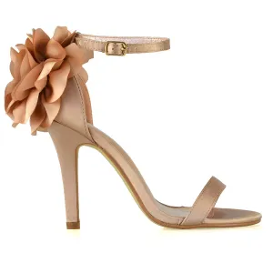 Zola Flower Detail Open Toe Buckle Strappy Bridal High Stiletto Heels in Champagne